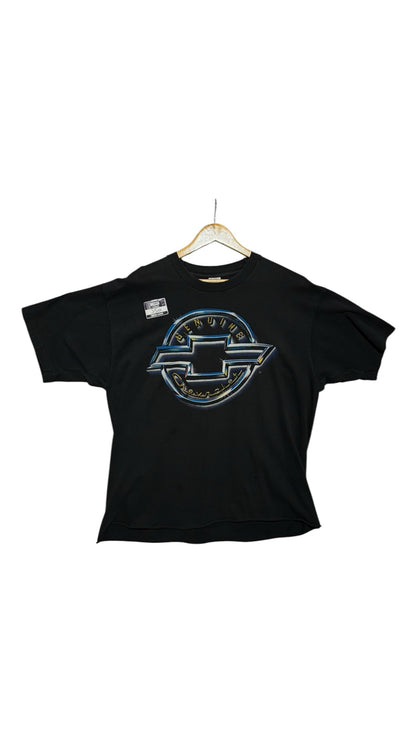 OutOf10 black cotton crewneck t-shirt featuring a vintage Chevrolet graphic logo with metallic-style detailing.