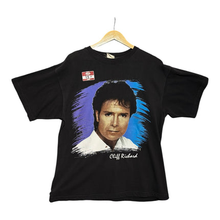 OutOf10 vintage black cotton Cliff Richard 1995 tour t-shirt with artist portrait and blue and purple graphic accents