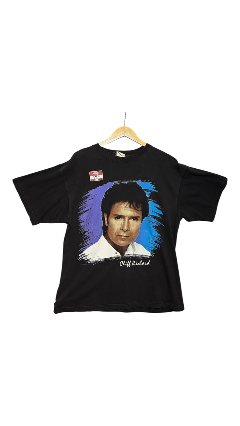 OutOf10 vintage black cotton Cliff Richard 1995 tour t-shirt with artist portrait and blue and purple graphic accents