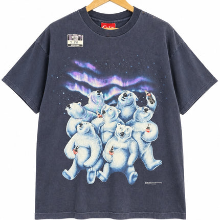 OutOf10 vintage black cotton t-shirt featuring a Coca-Cola polar bear graphic under an aurora borealis night sky