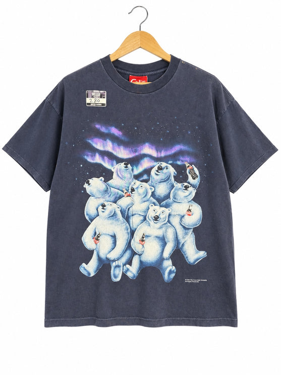 OutOf10 vintage black cotton t-shirt featuring a Coca-Cola polar bear graphic under an aurora borealis night sky