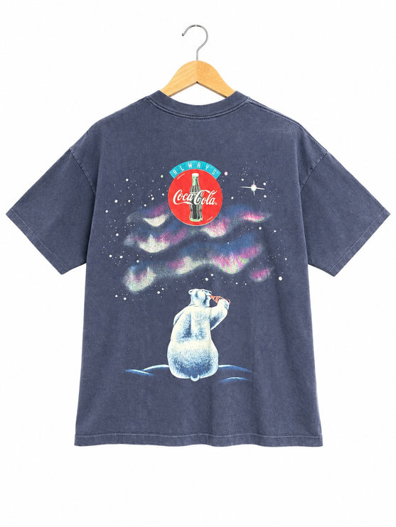 OutOf10 vintage washed-black cotton t-shirt featuring a Coca-Cola polar bear graphic and aurora borealis back print