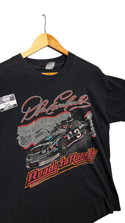 OutOf10 vintage black Dale Earnhardt Ready to Rumble graphic cotton t-shirt with NASCAR race car print on a hanger.