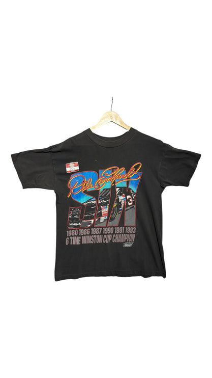 OutOf10 vintage black cotton t-shirt featuring a Dale Earnhardt number 3 racing graphic print and crew neck design.