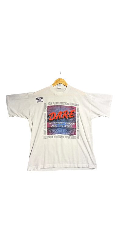 OutOf10 vintage off-white cotton D.A.R.E. t-shirt with retro 90s graphic print on a wooden hanger