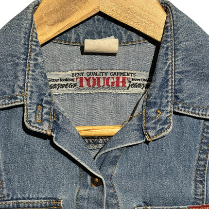 OutOf10 vintage blue denim shirt dress with classic collar and button-down front on a wooden hanger