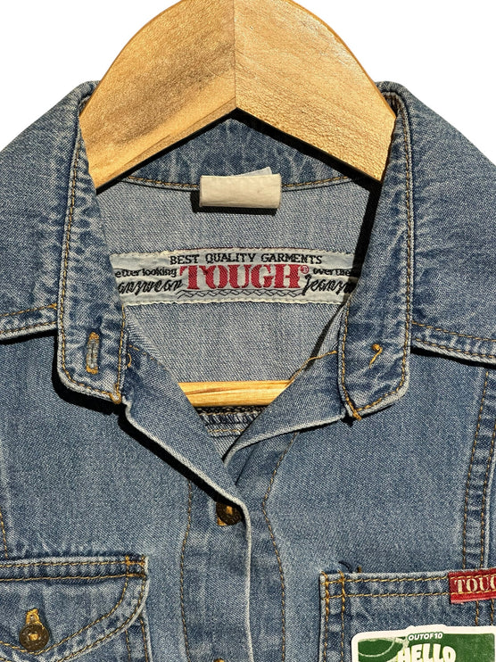 OutOf10 vintage blue denim shirt dress with classic collar and button-down front on a wooden hanger