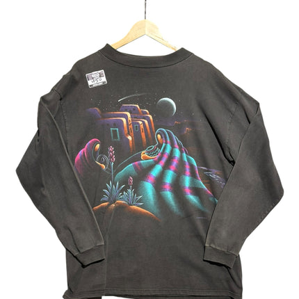 OutOf10 vintage charcoal long sleeve t-shirt with a vibrant southwestern desert landscape graphic and moon print.
