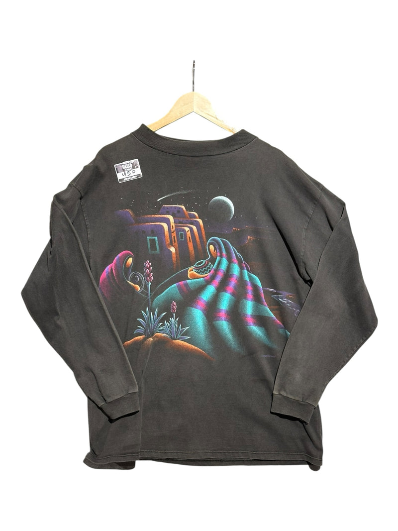 OutOf10 vintage charcoal long sleeve t-shirt with a vibrant southwestern desert landscape graphic and moon print.