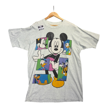OutOf10 vintage heather grey Disney crewneck t-shirt featuring Mickey Mouse and friends in colorful graphic panels.