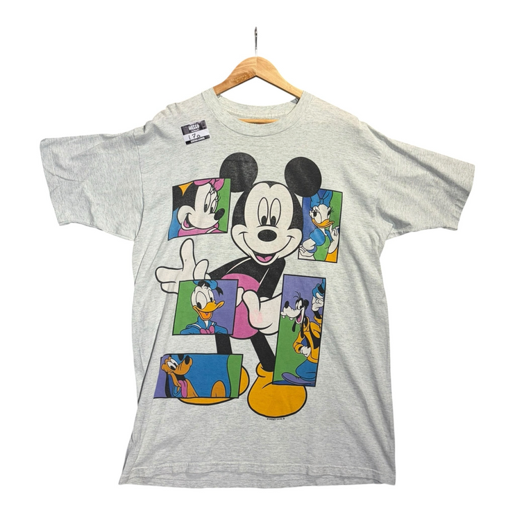 OutOf10 vintage heather grey Disney crewneck t-shirt featuring Mickey Mouse and friends in colorful graphic panels.