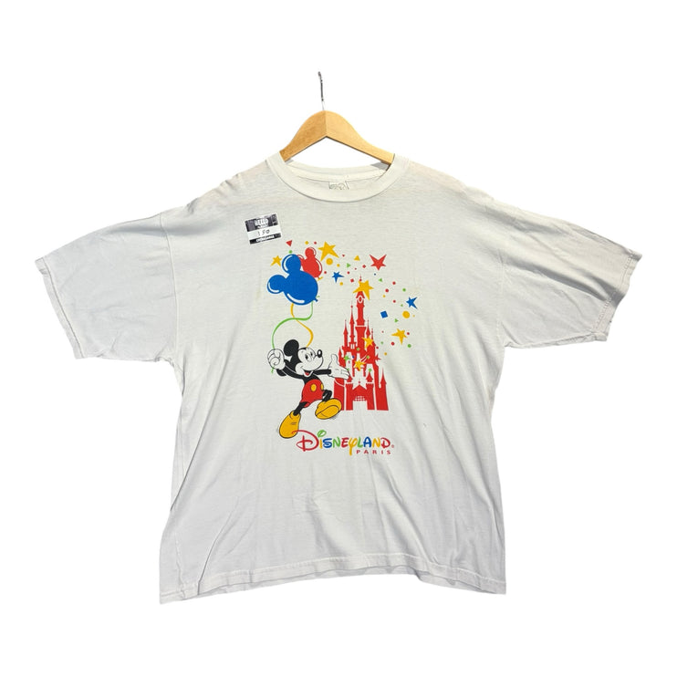 OutOf10 vintage white cotton t-shirt featuring a colorful Mickey Mouse and Disneyland Paris castle graphic print.