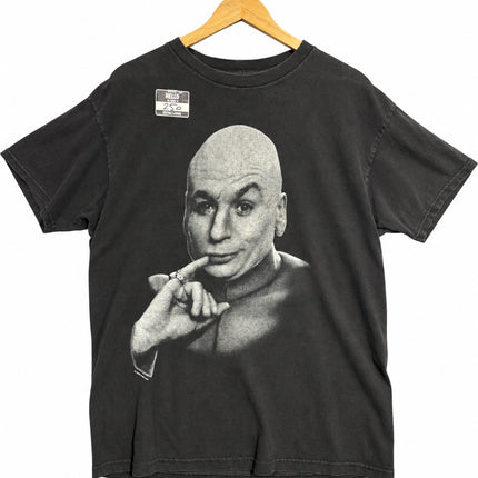 OutOf10 vintage washed-black cotton crewneck t-shirt featuring a detailed Dr. Evil portrait graphic on the front.