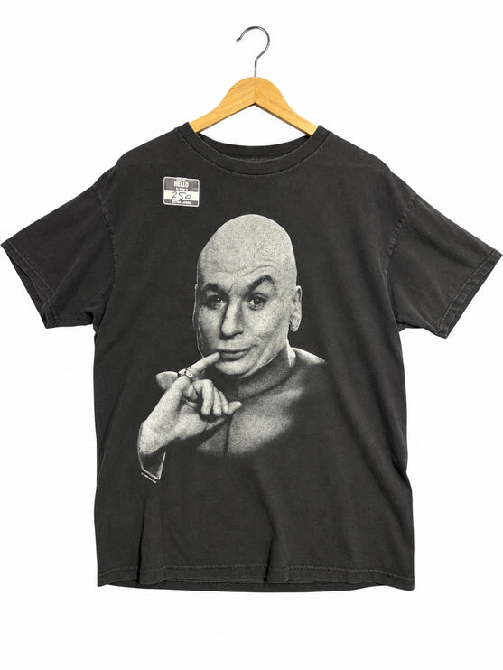 OutOf10 vintage washed-black cotton crewneck t-shirt featuring a detailed Dr. Evil portrait graphic on the front.