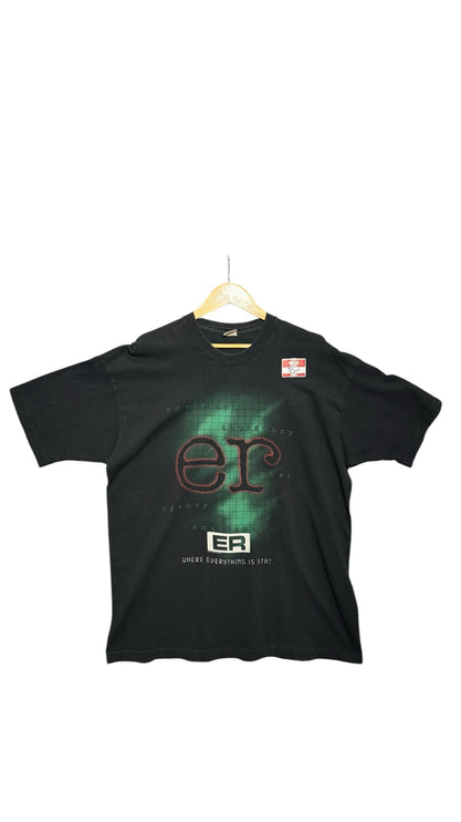 OutOf10 black cotton crew-neck t-shirt featuring a vintage ER television show graphic with green and red accents.