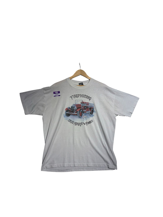 OutOf10 light grey cotton crewneck t-shirt featuring a vintage fire engine and dalmatian graphic print