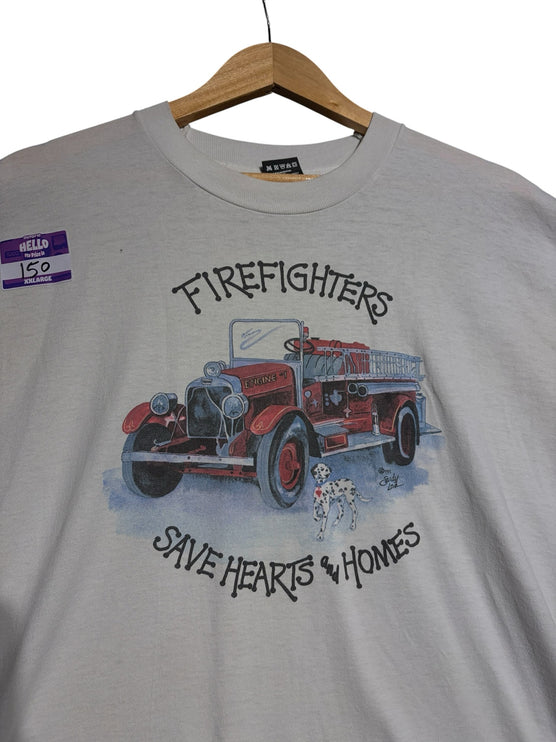 OutOf10 light grey vintage crewneck t-shirt featuring a classic fire engine and dalmatian graphic print.