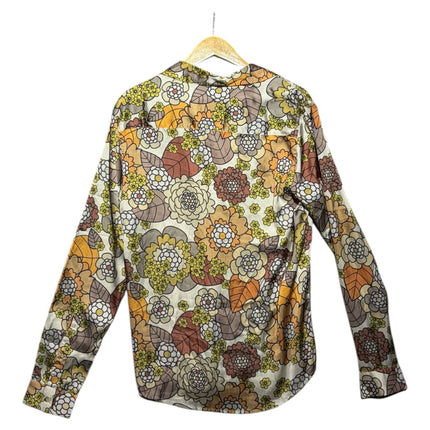 OutOf10 vintage-inspired long sleeve button-down shirt featuring a retro floral print in mustard, orange, and brown.