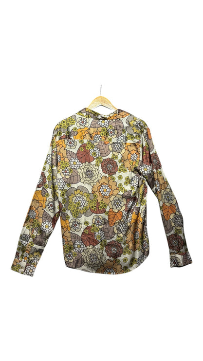 OutOf10 vintage-inspired long sleeve button-down shirt featuring a retro floral print in mustard, orange, and brown.