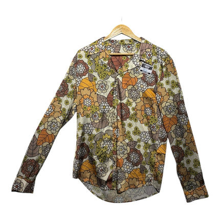 OutOf10 vintage-inspired long-sleeve button-down shirt with a retro floral print in mustard, orange, and brown tones.