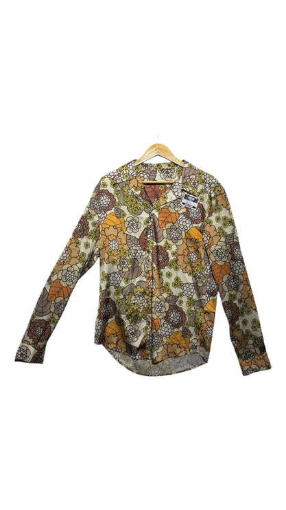 OutOf10 vintage-inspired long-sleeve button-down shirt with a retro floral print in mustard, orange, and brown tones.