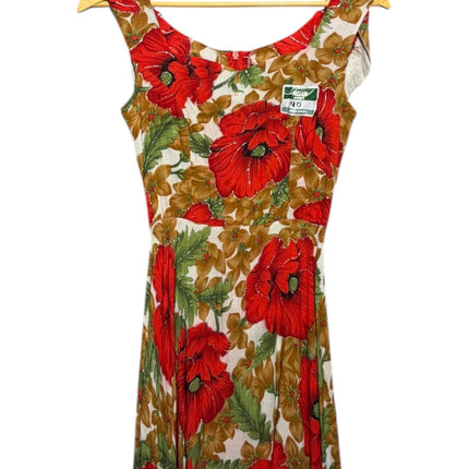OutOf10 vintage sleeveless midi dress featuring a vibrant red poppy floral print with olive and brown foliage details.