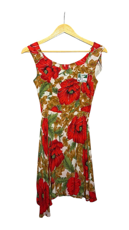 OutOf10 vintage sleeveless midi dress featuring a vibrant red poppy floral print with olive and brown foliage details.