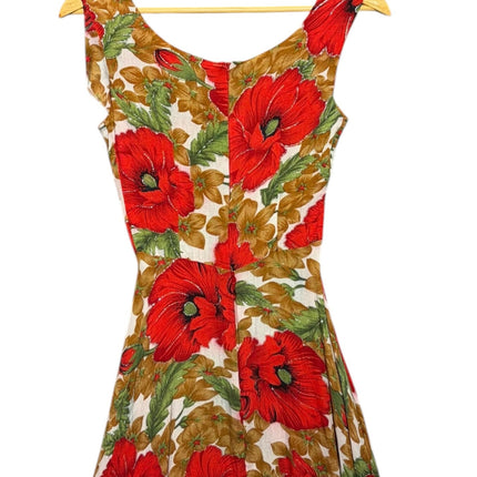 OutOf10 vintage sleeveless midi dress with a vibrant red poppy floral print and olive foliage on a wooden hanger