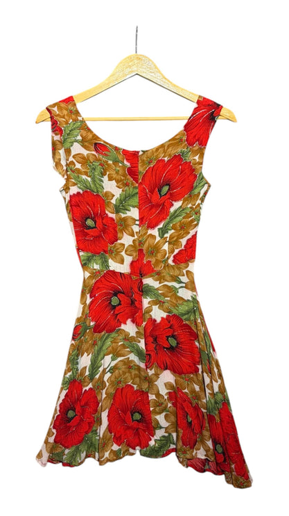 OutOf10 vintage sleeveless midi dress with a vibrant red poppy floral print and olive foliage on a wooden hanger