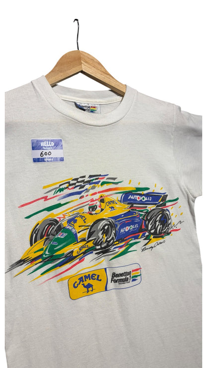 OutOf10 vintage white Benetton Formula 1 t-shirt with a vibrant painterly race car graphic and Camel branding