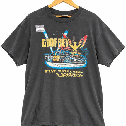 OutOf10 vintage washed-black cotton crewneck t-shirt featuring a Godfrey Racing race car graphic print.