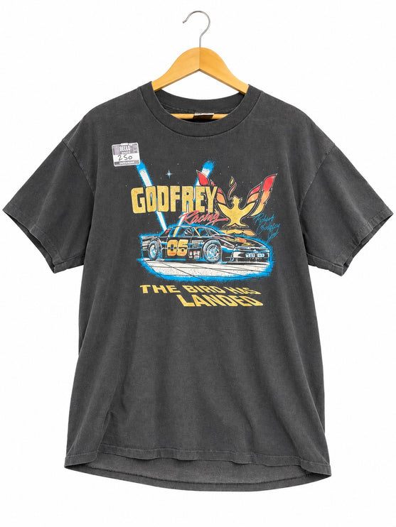 OutOf10 vintage washed-black cotton crewneck t-shirt featuring a Godfrey Racing race car graphic print.