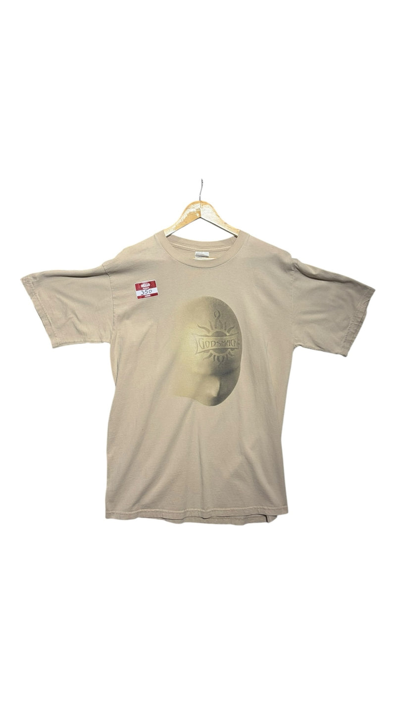 OutOf10 vintage sand-beige Godsmack 2003 tour cotton t-shirt with front mask graphic and crew neck