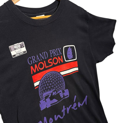 OutOf10 vintage black cotton t-shirt featuring a retro Grand Prix Molson Montreal graphic with the Biosphere landmark.