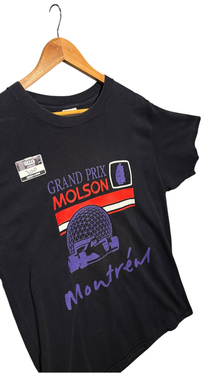 OutOf10 vintage black cotton t-shirt featuring a retro Grand Prix Molson Montreal graphic with the Biosphere landmark.