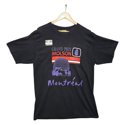 OutOf10 black cotton t-shirt featuring a vintage Grand Prix Molson Montreal graphic with the Biosphere and race car.
