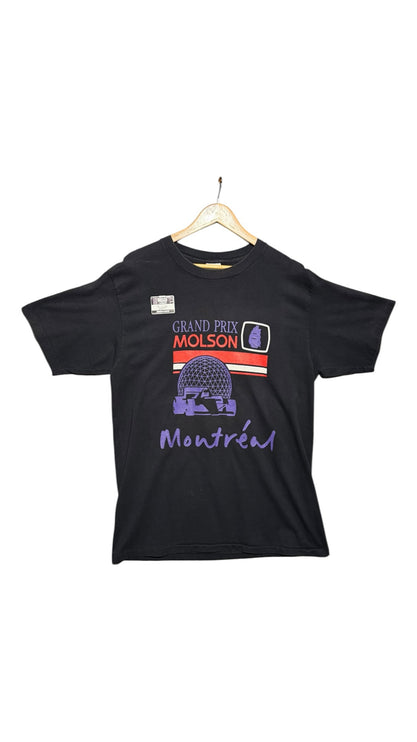 OutOf10 black cotton t-shirt featuring a vintage Grand Prix Molson Montreal graphic with the Biosphere and race car.