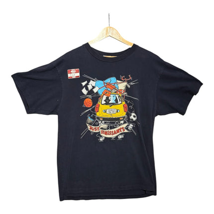OutOf10 black vintage graphic t-shirt featuring a yellow car illustration and 1996-1997 school year print