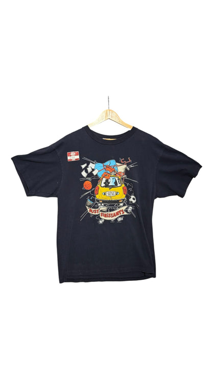 OutOf10 black vintage graphic t-shirt featuring a yellow car illustration and 1996-1997 school year print