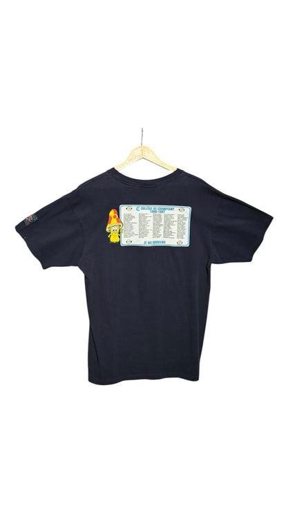 OutOf10 black vintage graphic t-shirt featuring a 1996-1997 school year print with a mushroom character on the back