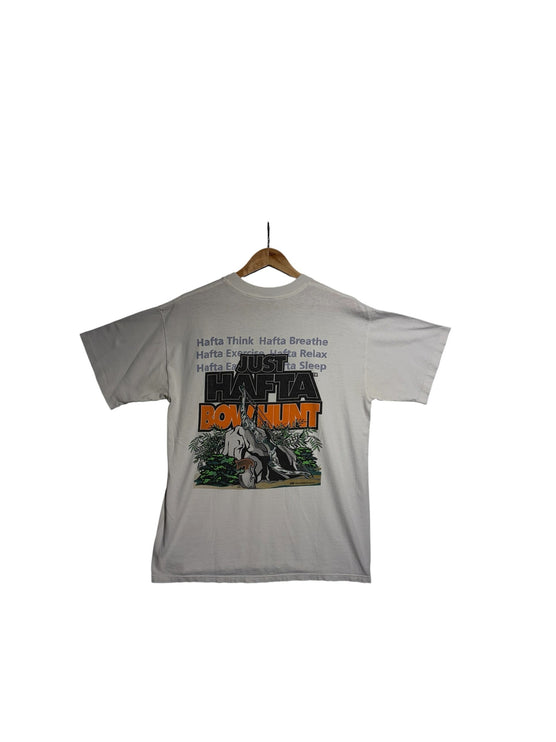 OutOf10 off-white short sleeve crewneck t-shirt with a vintage Just Hafta Bow Hunt graphic print on the back.