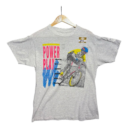 OutOf10 vintage heather grey cotton-blend t-shirt with a retro Power Play Sports cyclist graphic print.