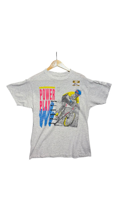 OutOf10 vintage heather grey cotton-blend t-shirt with a retro Power Play Sports cyclist graphic print.