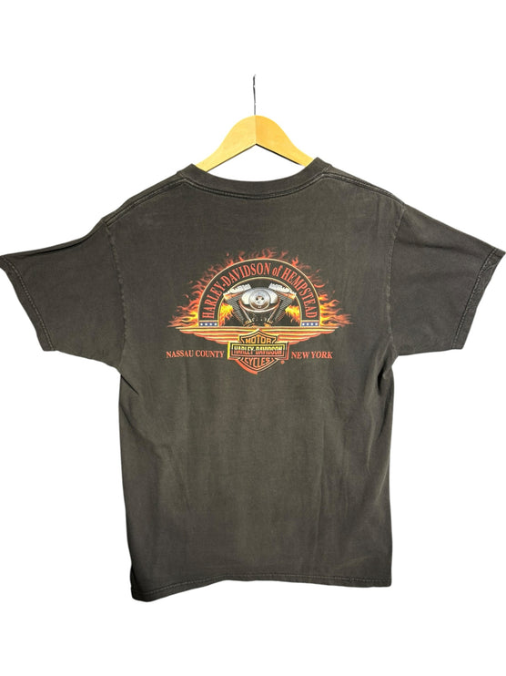 OutOf10 vintage black Harley-Davidson t-shirt with Hempstead New York graphic print on the back hanging on a hanger