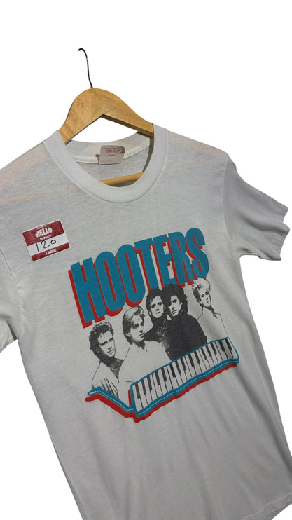 OutOf10 vintage light grey Hooters band graphic crewneck t-shirt with keyboard print on a wooden hanger