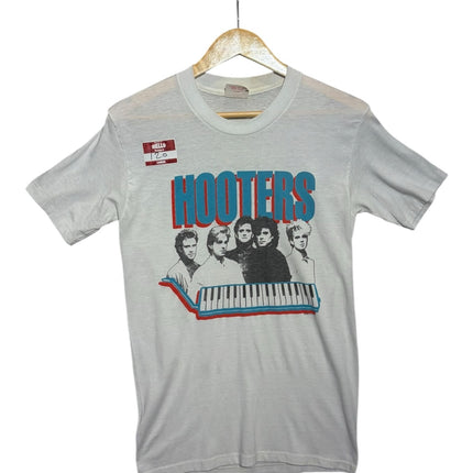 OutOf10 vintage light grey Hooters band graphic crewneck t-shirt with keyboard design on a wooden hanger