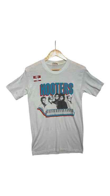 OutOf10 vintage light grey Hooters band graphic crewneck t-shirt with keyboard design on a wooden hanger
