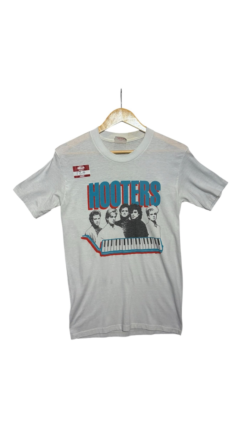 OutOf10 vintage light grey Hooters band graphic crewneck t-shirt with keyboard design on a wooden hanger
