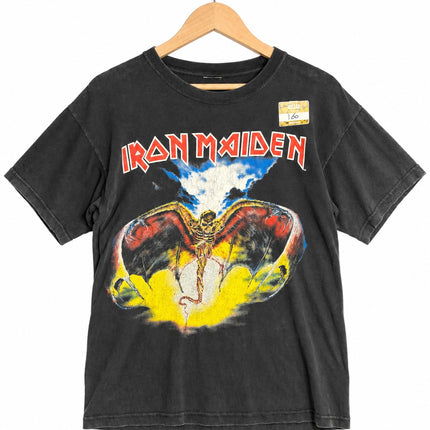 OutOf10 vintage black Iron Maiden graphic t-shirt with a winged skeletal figure print on soft cotton fabric.
