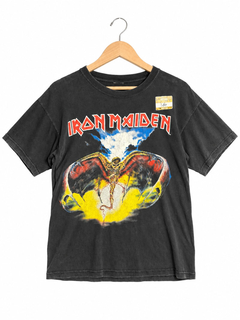 OutOf10 vintage black Iron Maiden graphic t-shirt with a winged skeletal figure print on soft cotton fabric.